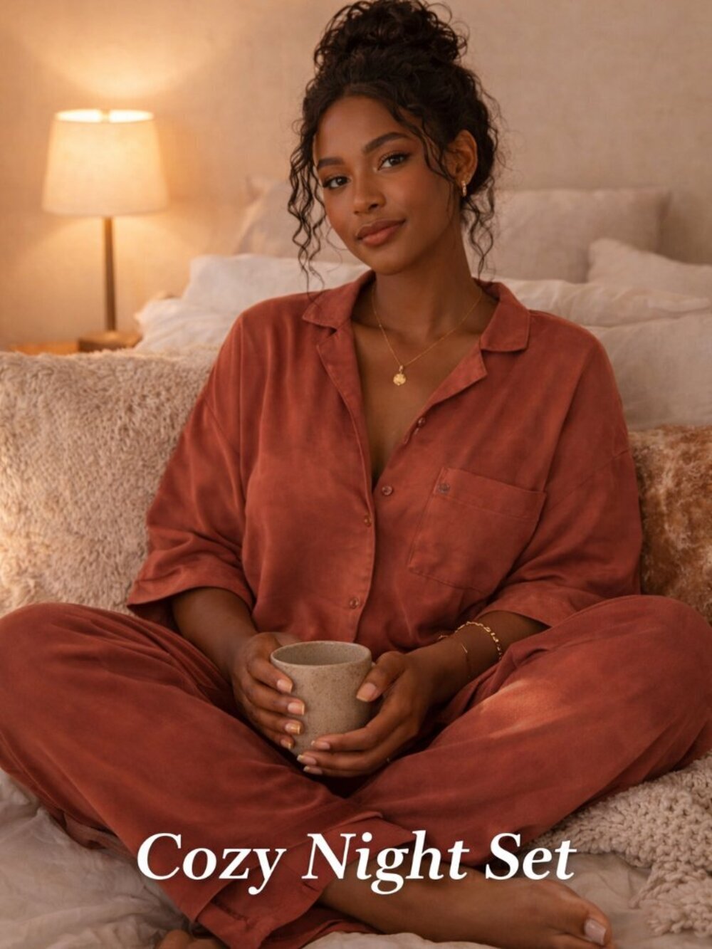 Fabletics Rust Satin Feel Pajama Set XL Button Front Pocket Lounge Sleepwear
